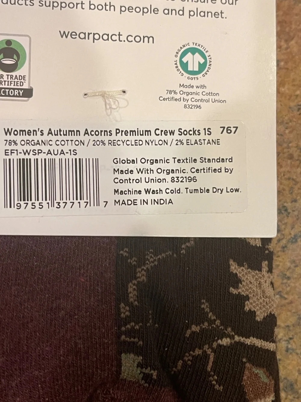 NEW! Pact Autumn Acorns  Premium Crew Socks Two Pair NWT!
